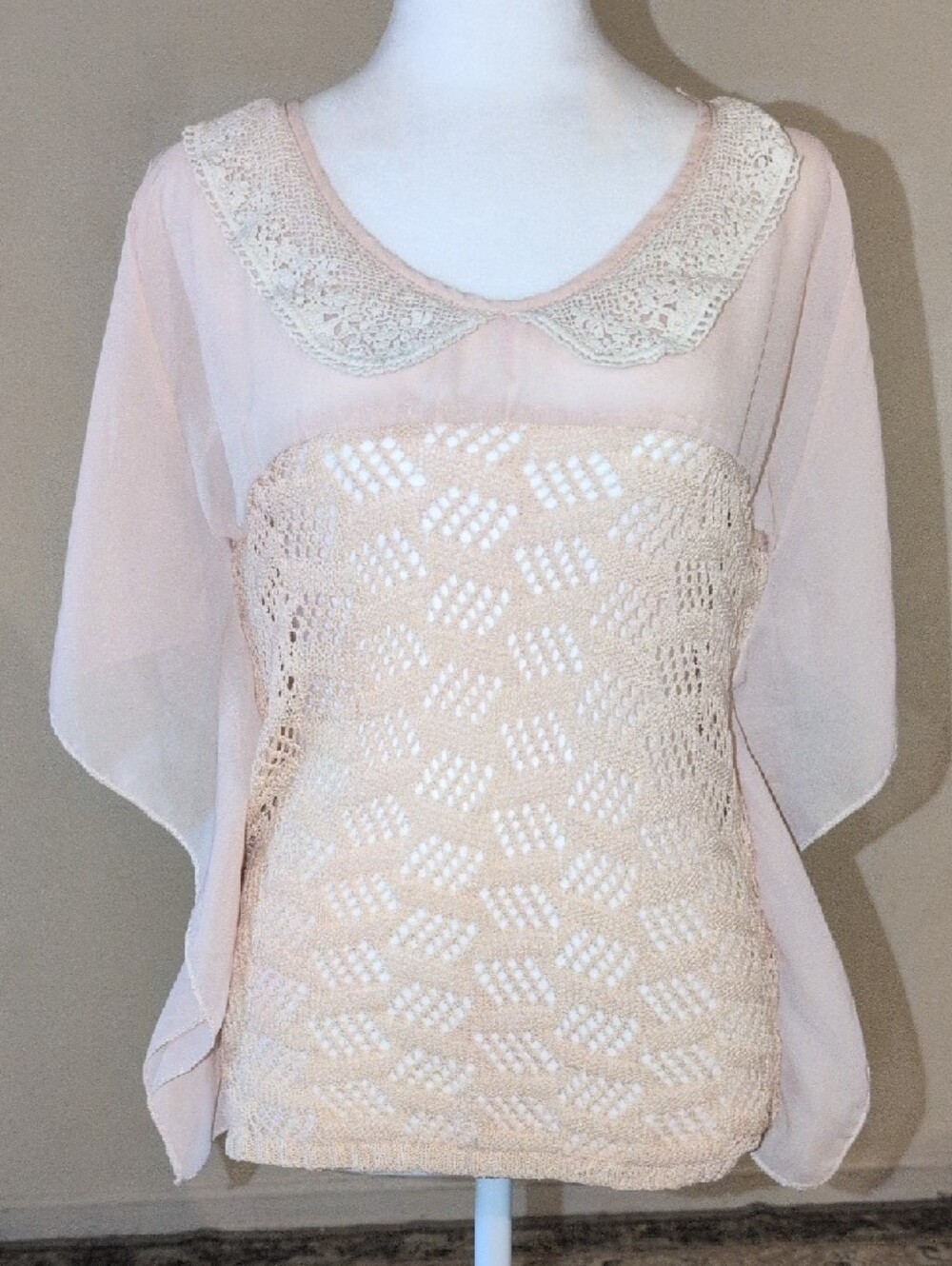 Stretchy Delicate Crochet & Chiffon Blouse in Blush Pink - One Size